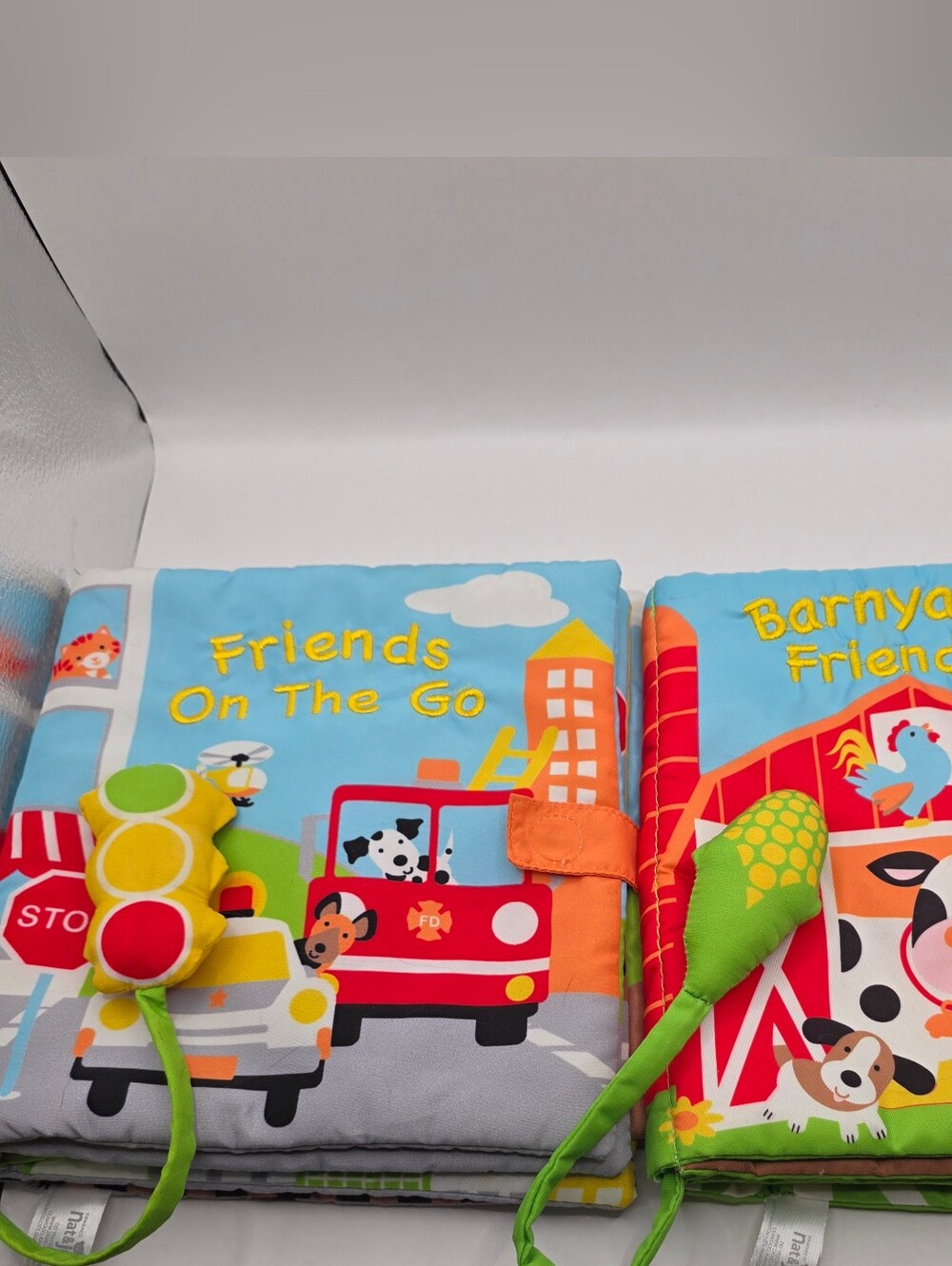 2 Demdaco Cloth Books w Sound Nat & Jules Barnyard Friends on the Go Toddler